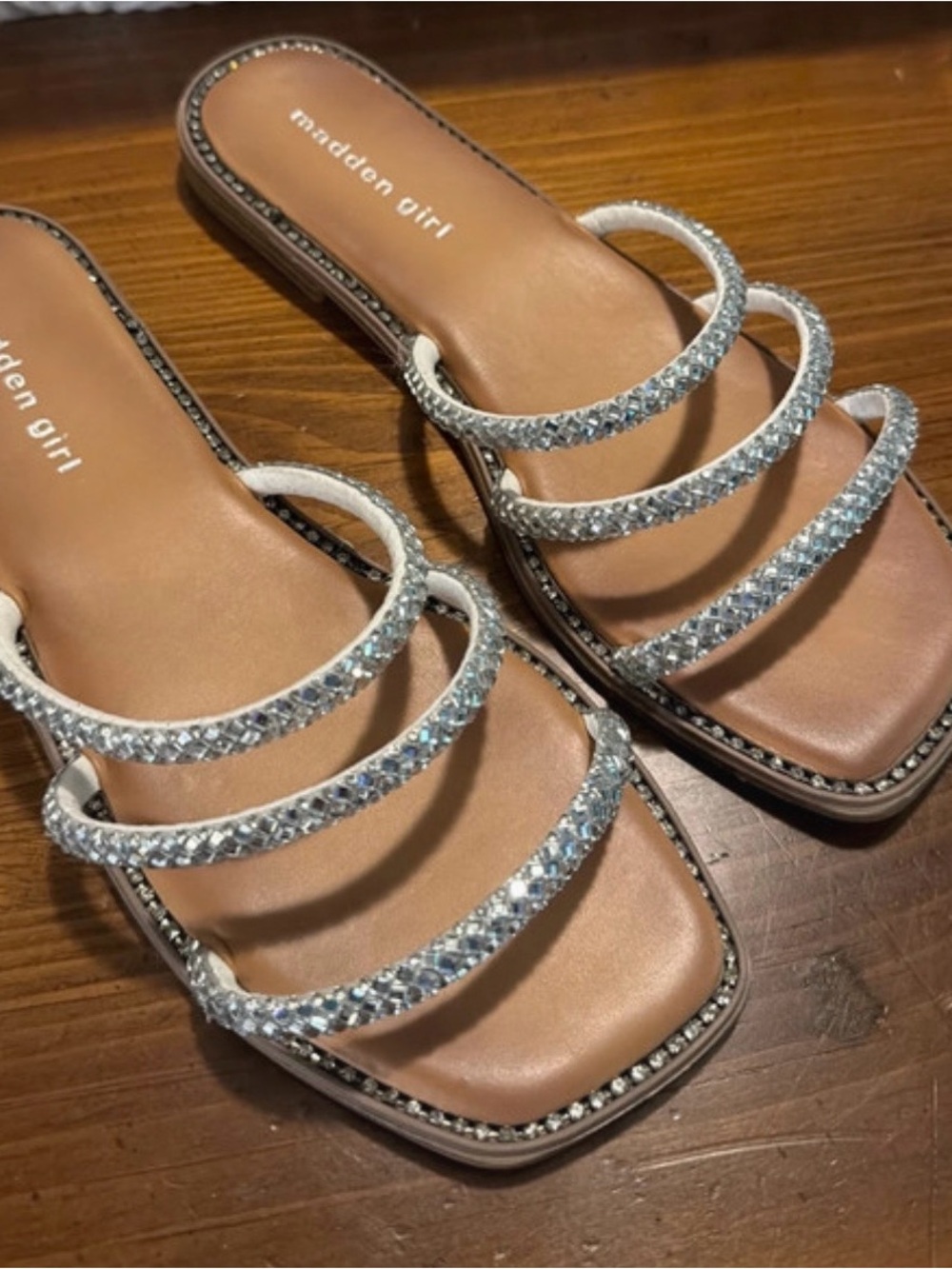 Madden Girl Silver Crystal Triple-Strap Slide Sandals with Tan Footbed